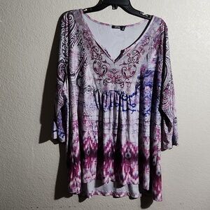 Apt 9 Blouse Womens Size 2X Floral Tie Dye Paisley Fade Pleated Rhinestone 3/4
